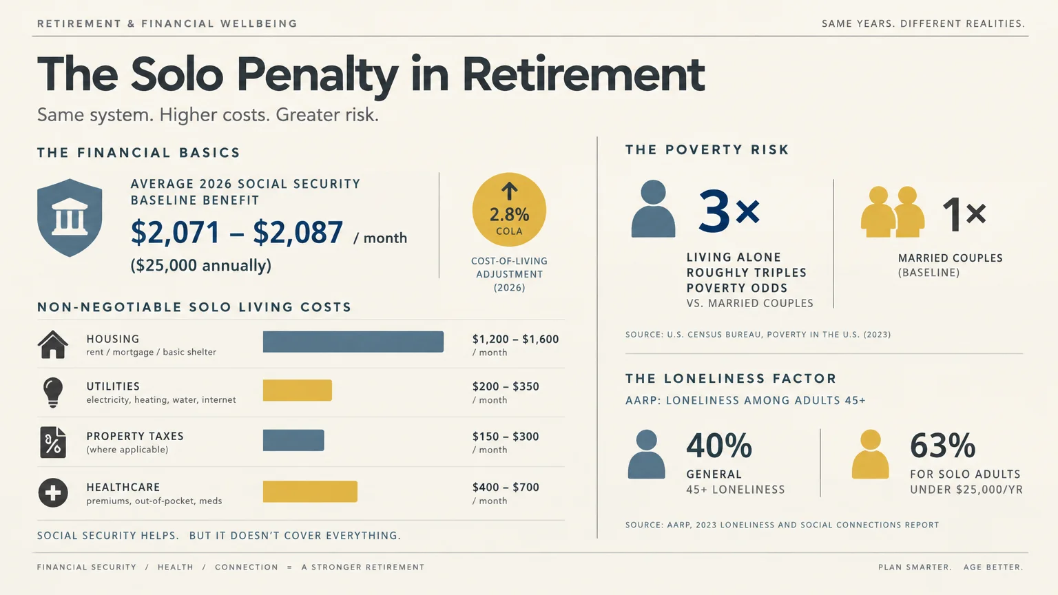 Infographic titled The Solo Penalty in Retirement detailing Social Security benefits, living costs, and poverty risks.