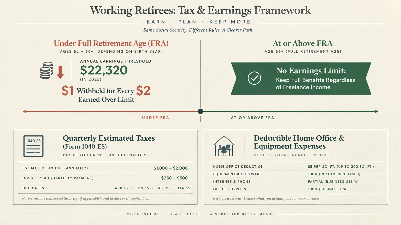Infographic comparing tax rules and earnings limits under Full Retirement Age versus at or above Full Retirement Age.