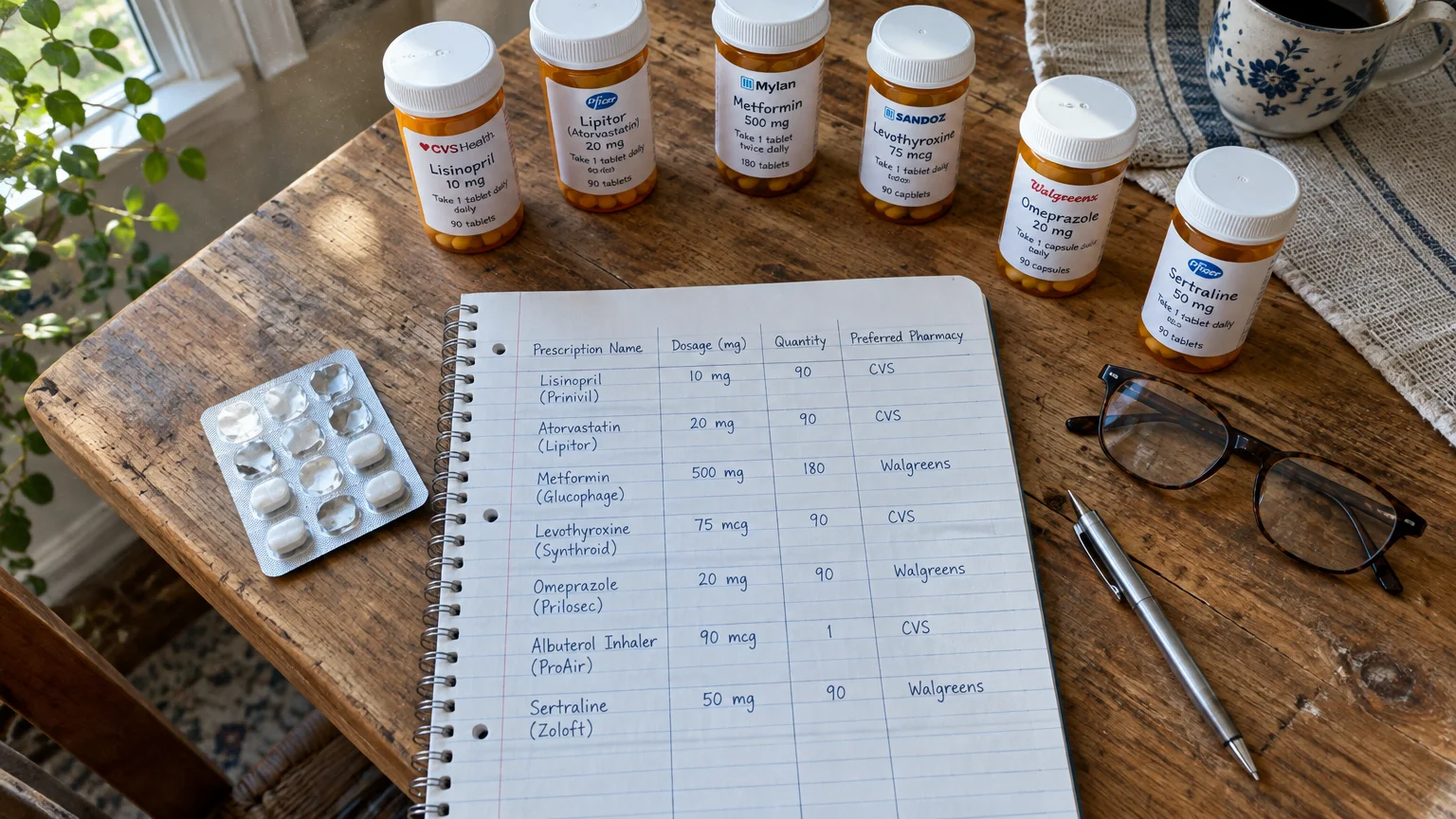 A handwritten medication list in a spiral notebook surrounded by prescription pill bottles, glasses, and a pen.