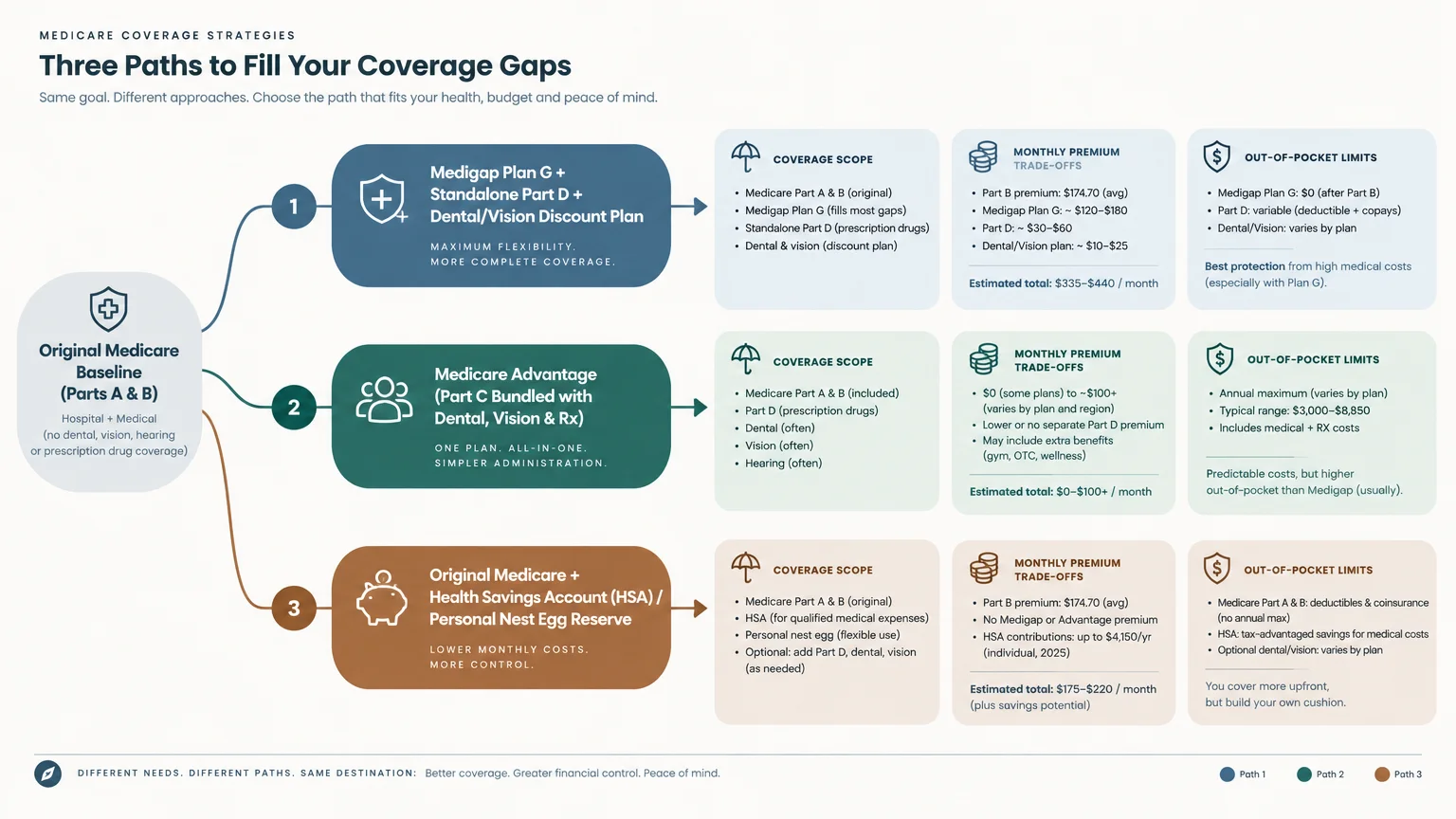 Flowchart outlining three distinct paths to fill coverage gaps, comparing Medigap, Medicare Advantage, and self-funding.