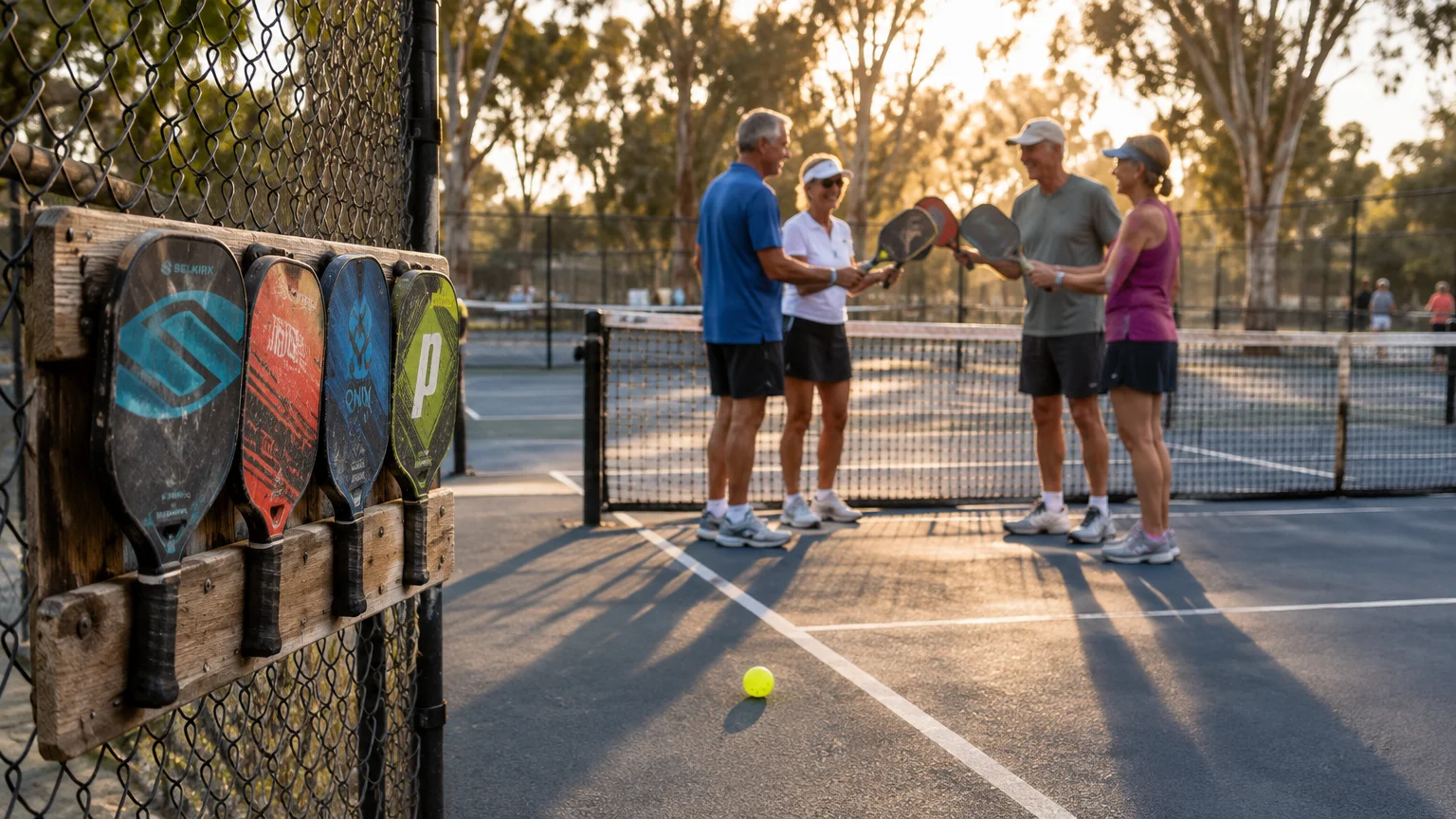Four pickleball paddles line up in a wooden rack on a fence as four players tap paddles over the court net.
