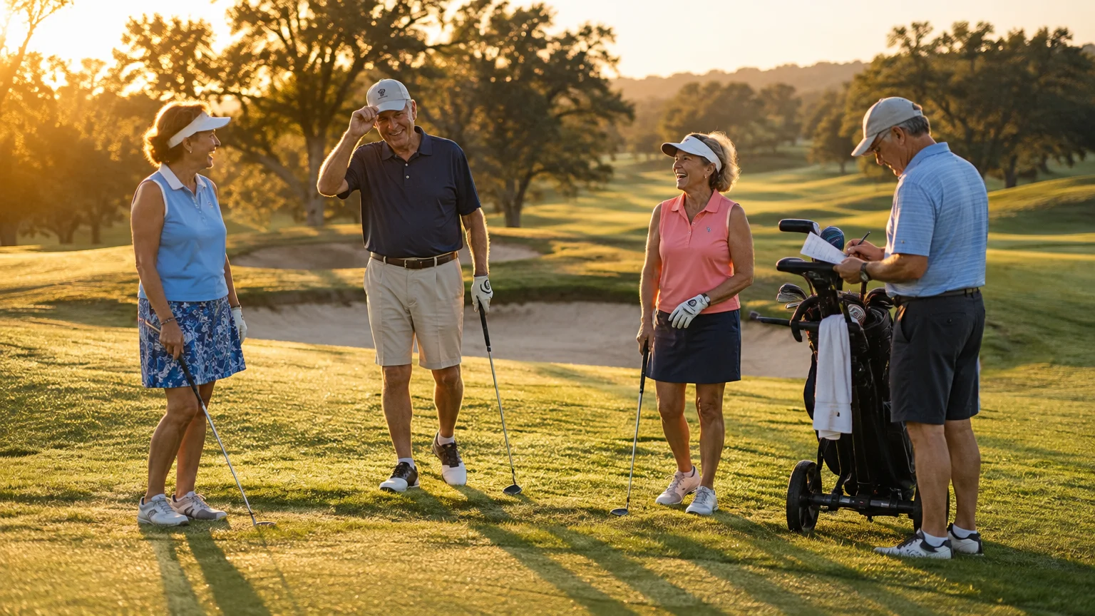 Four senior golfers smiling and talking together on a sunny golf course green while one writes on a scorecard.