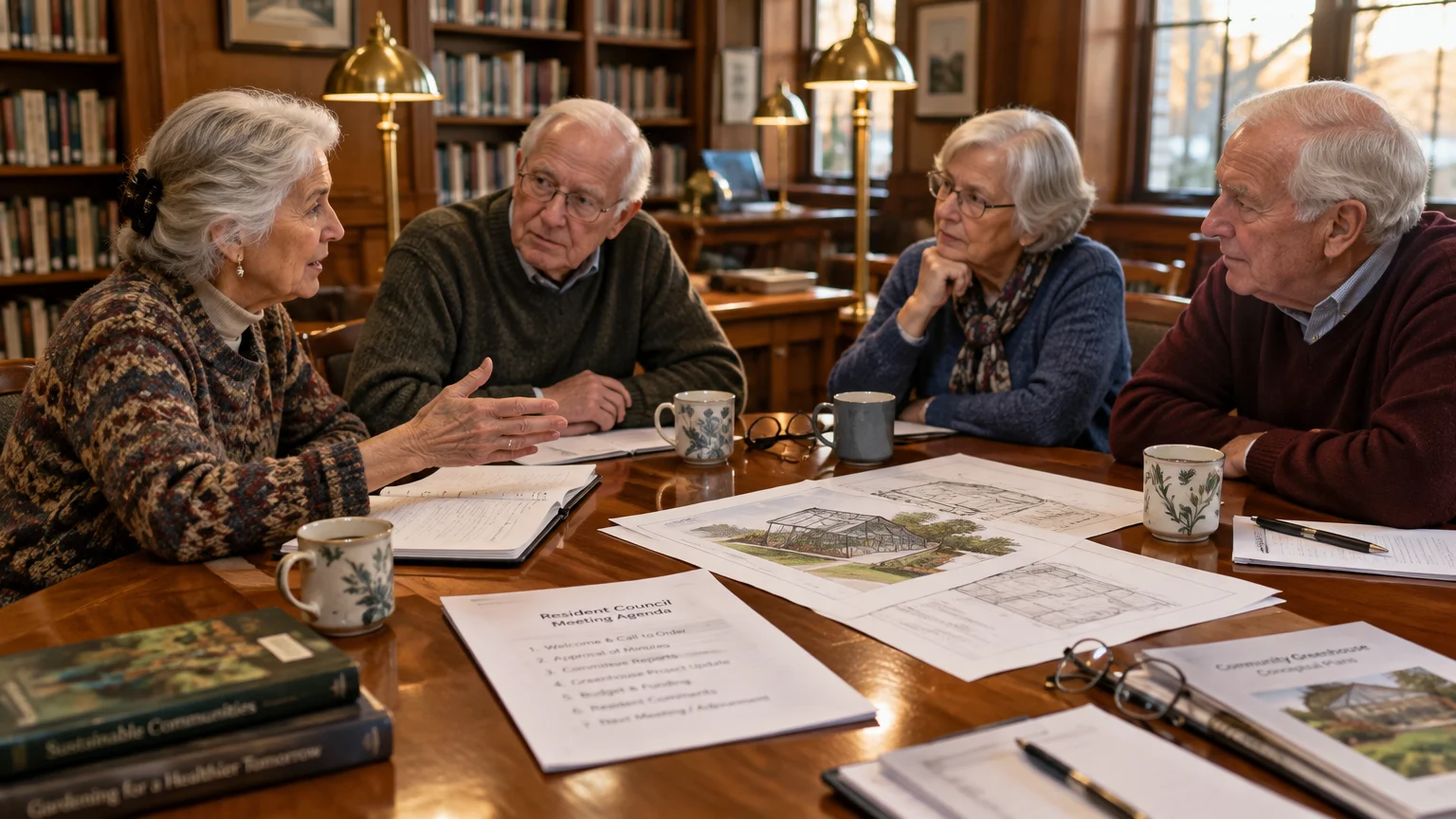 Four senior adults sitting around a library table reviewing papers, architectural sketches, and a meeting agenda.