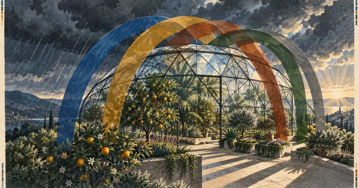 Glass greenhouse with fruit trees sheltered beneath colorful overlapping arches against stormy and sunny skies.