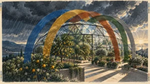 Glass greenhouse with fruit trees sheltered beneath colorful overlapping arches against stormy and sunny skies.