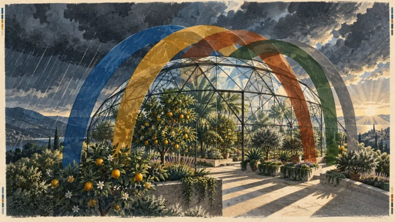 Glass greenhouse with fruit trees sheltered beneath colorful overlapping arches against stormy and sunny skies.