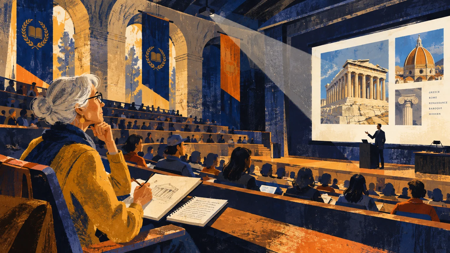 Illustration of a senior woman sketching in a university lecture hall while a professor presents classical architecture slides.