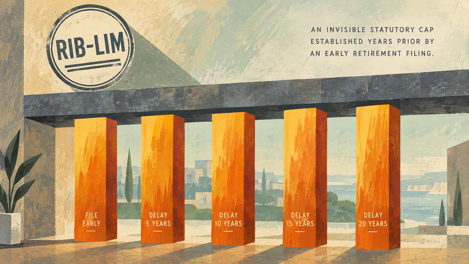Illustration of orange rectangular pillars labeled with filing timelines under a beam stamped with a RIB-LIM seal.