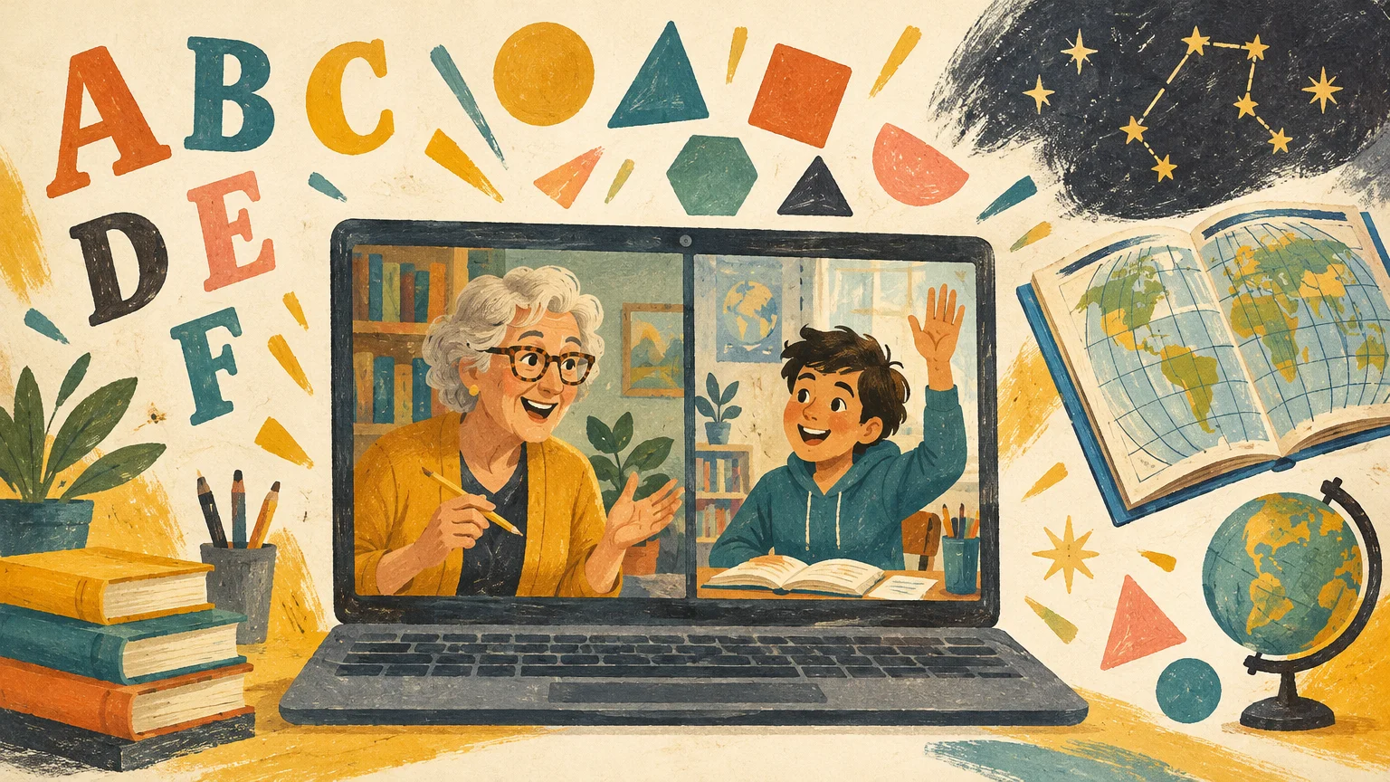 Illustration of an older woman and a young student on a video call on a laptop screen, surrounded by school motifs.