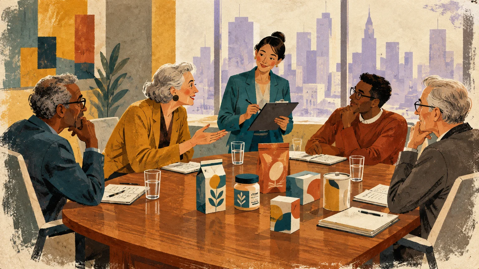 Illustration of four adults seated around a conference table evaluating packaged products with a moderator holding a clipboard.