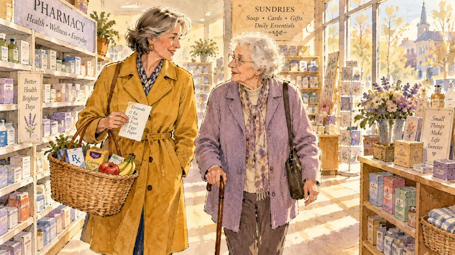 Watercolor illustration of two senior women walking through a sunlit shop, one holding a basket and errand list.