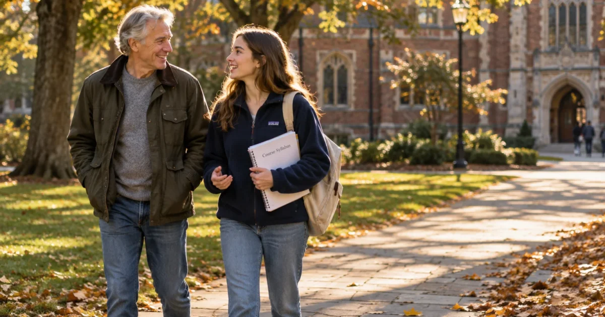An older man and a young female student holding a syllabus walk together along a sunlit college campus path.