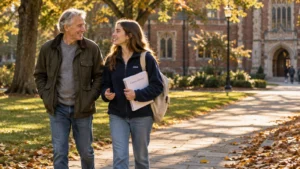 An older man and a young female student holding a syllabus walk together along a sunlit college campus path.