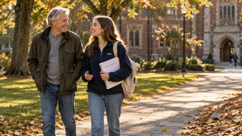 An older man and a young female student holding a syllabus walk together along a sunlit college campus path.