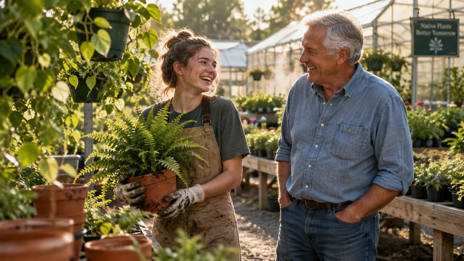 An older man smiles at a young woman wearing an apron holding a potted fern inside a sunlit plant nursery.