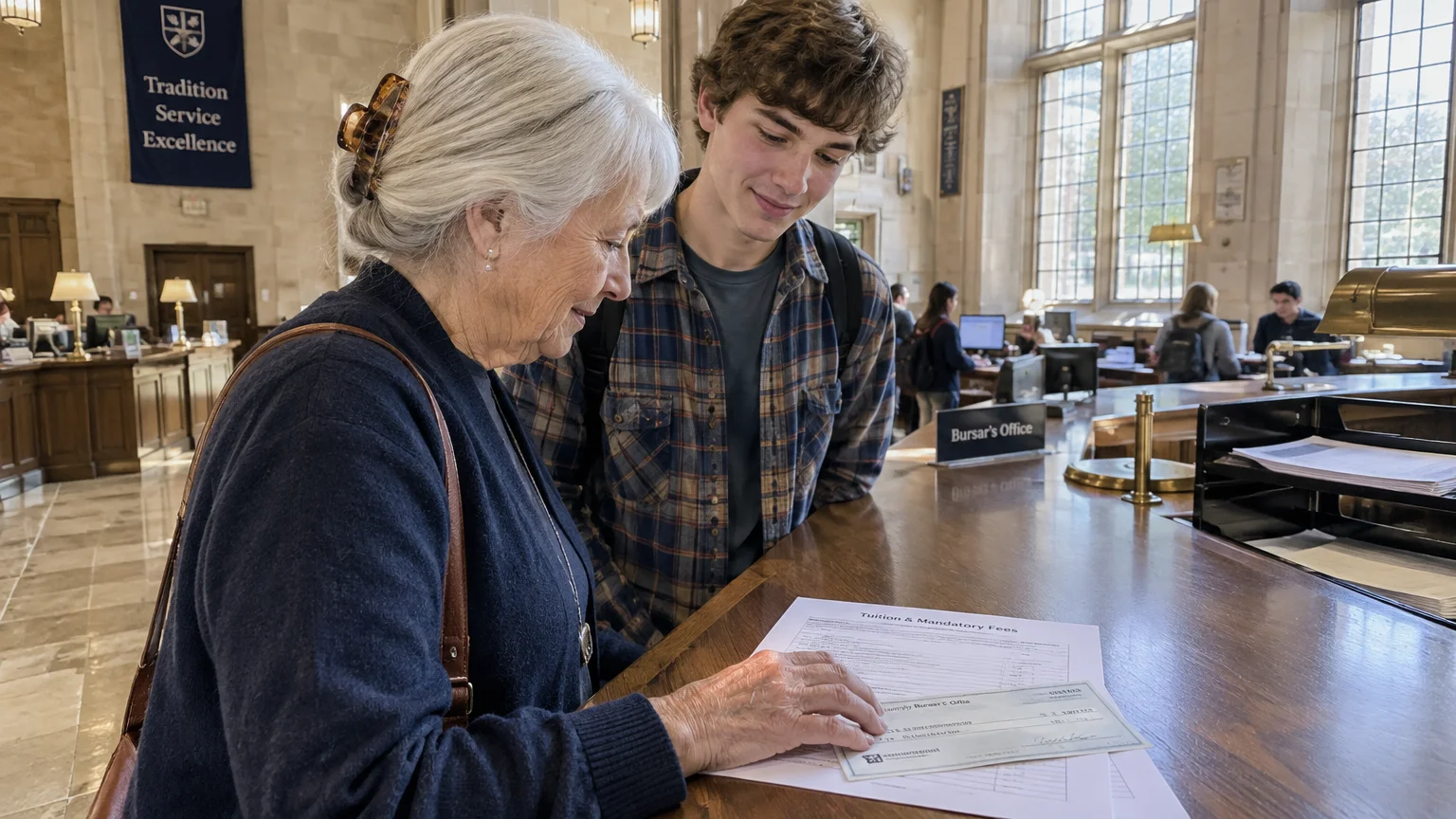 An older woman and a young man stand at a university bursar's office counter reviewing a tuition form and check.