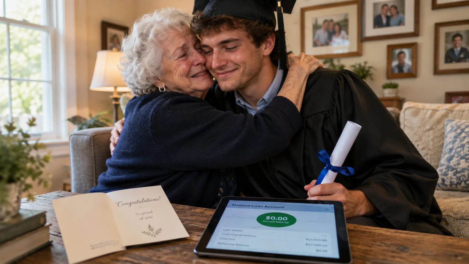 An elderly woman hugs a college graduate holding a diploma beside a tablet displaying a paid-off student loan balance.