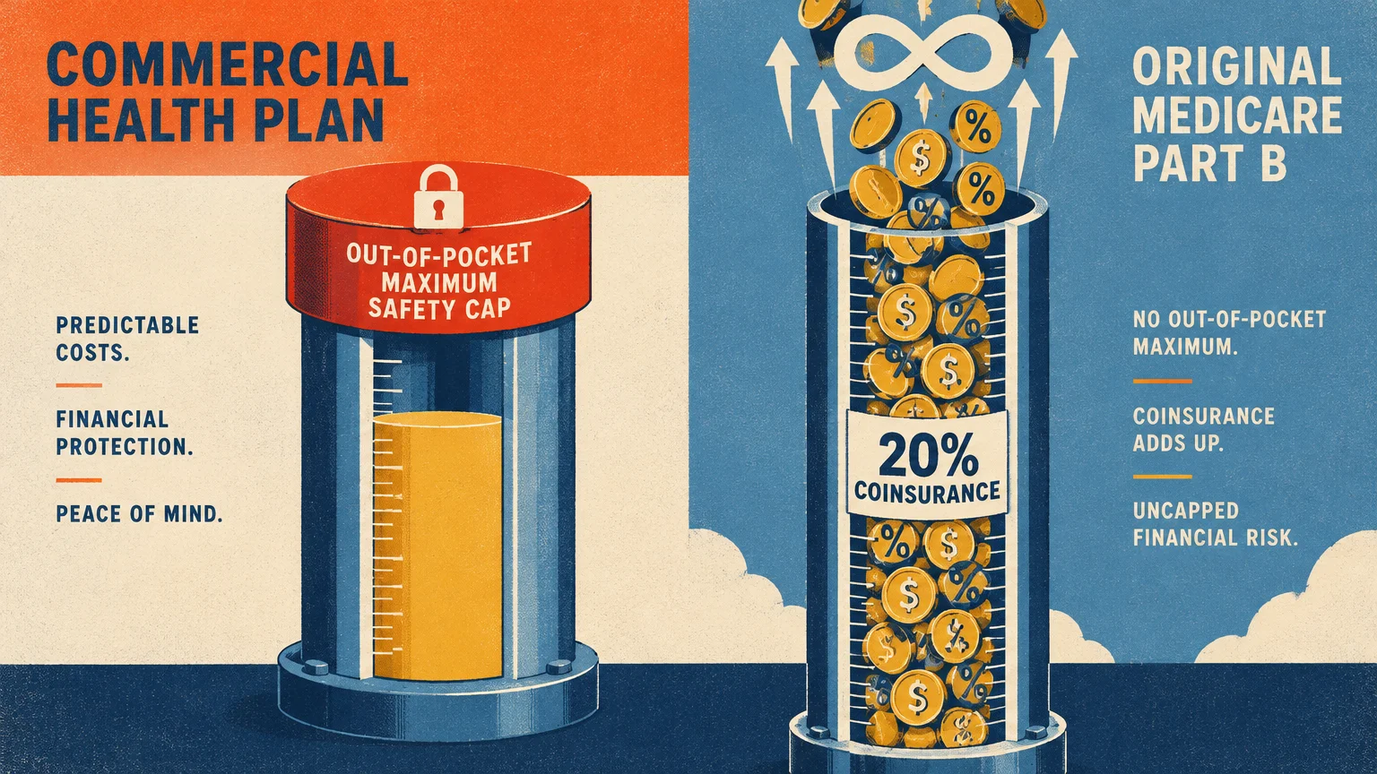 Graphic contrasting a commercial plan capped container with an open Medicare cylinder overflowing with coins into infinity.