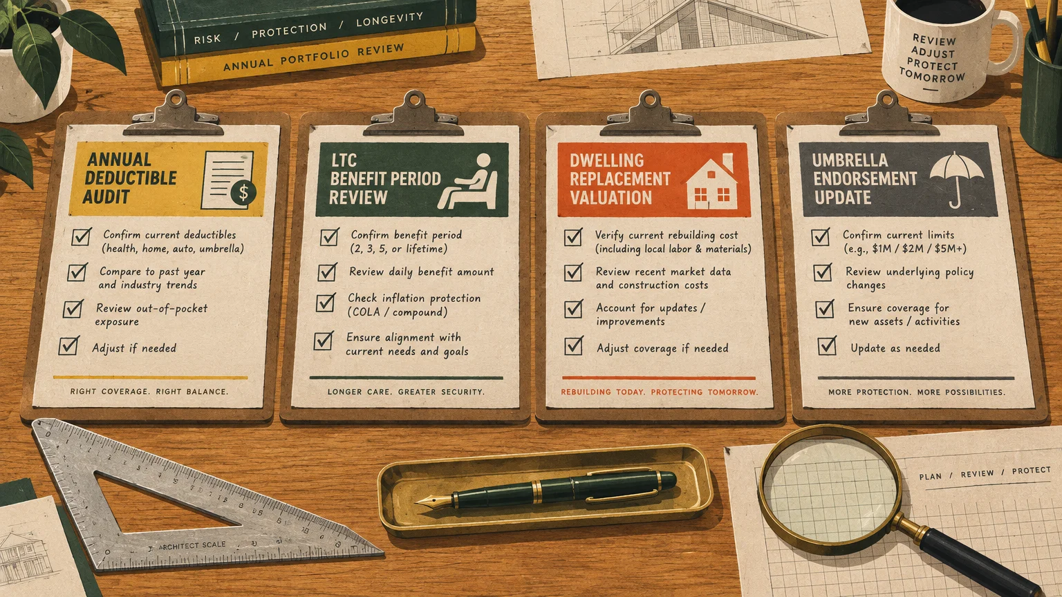 Four clipboards showing insurance review checklists beside a fountain pen, ruler, and magnifying glass on a wooden desk.