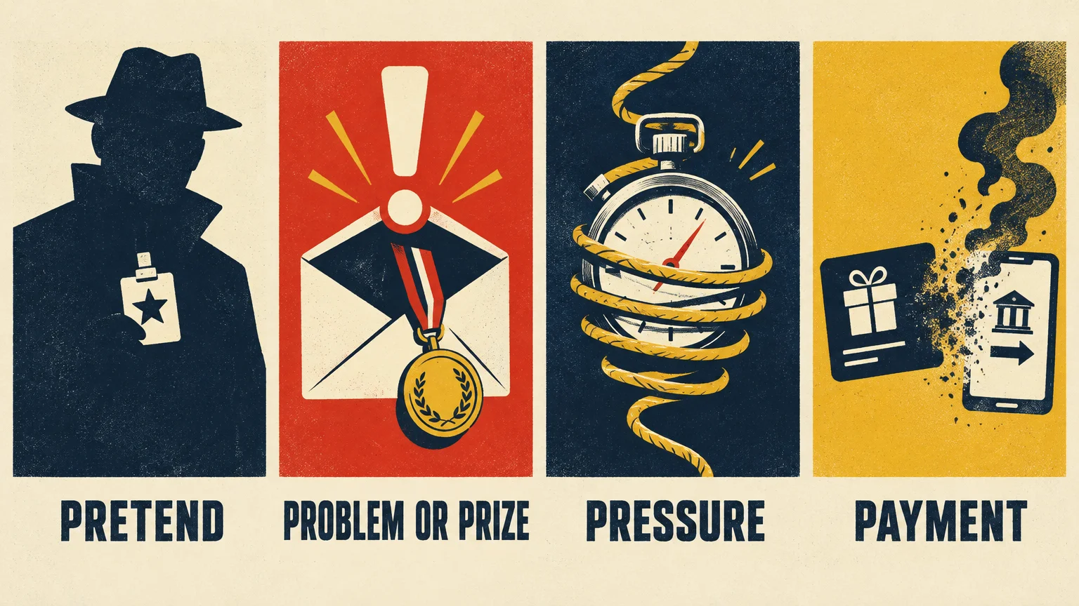 Four retro panels illustrating scam tactics: Pretend, Problem or Prize, Pressure, and Payment with matching icons.