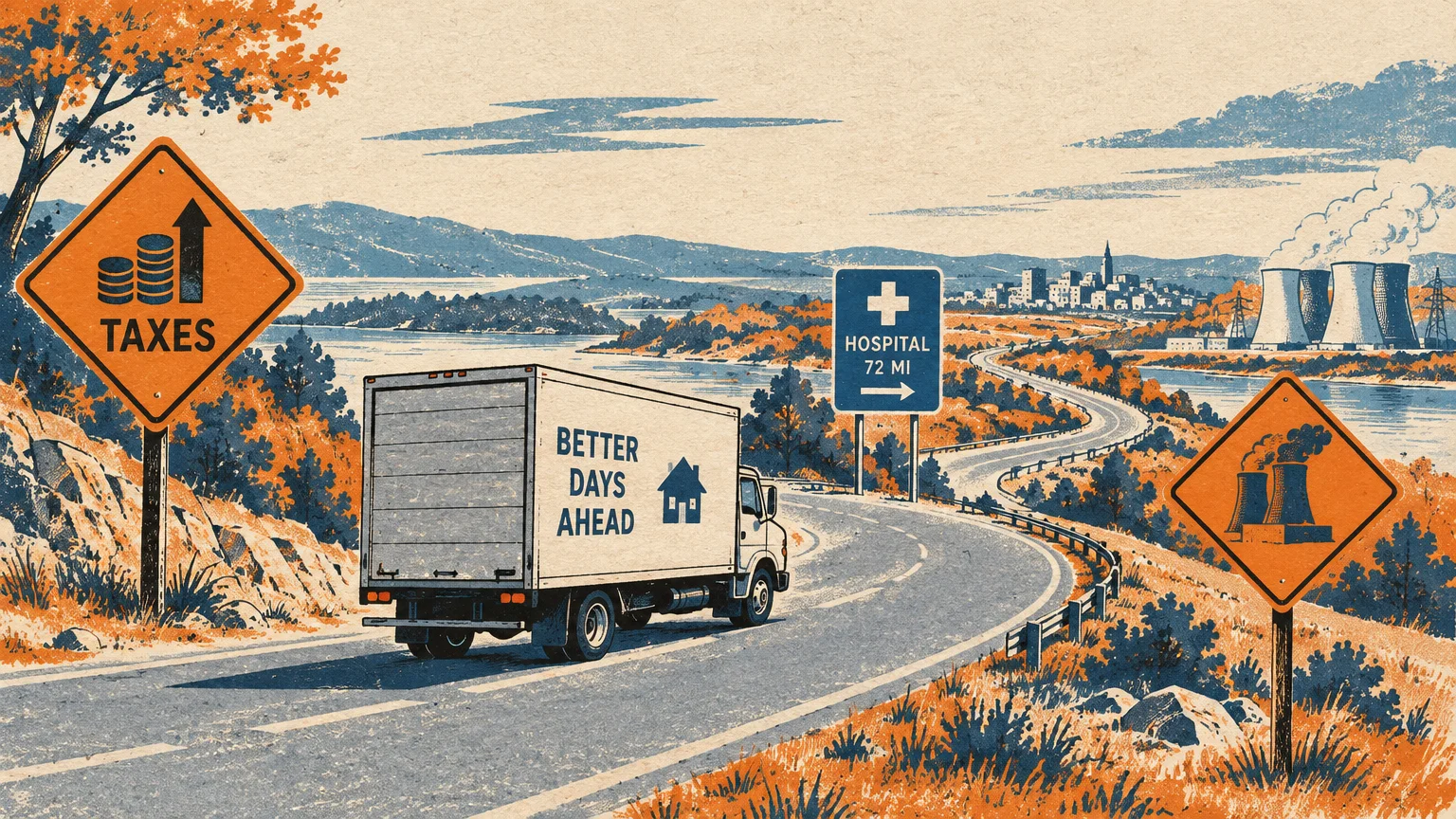 Illustration of a moving truck on a winding highway past road signs for taxes, a distant hospital, and factories.
