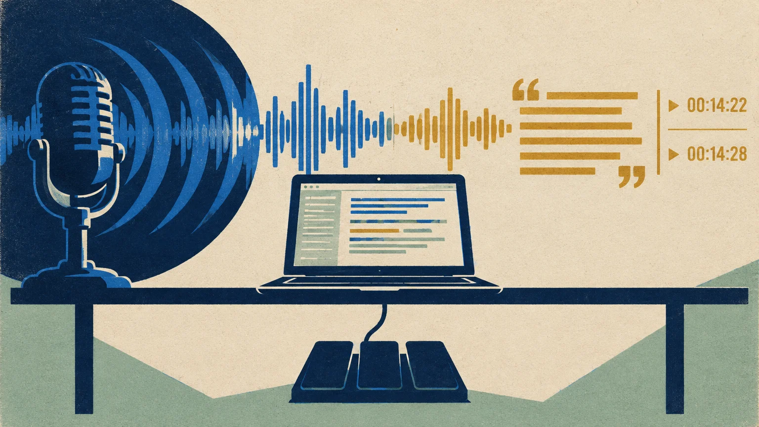 Illustration of a laptop on a desk with a foot pedal below, flanked by a microphone, audio waves, and subtitles.
