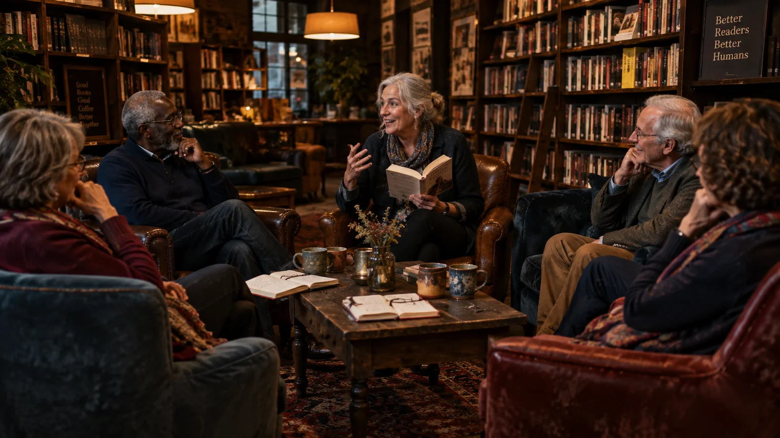 A group of older adults sit in leather armchairs in a cozy bookstore, listening to a woman reading aloud from an open book.