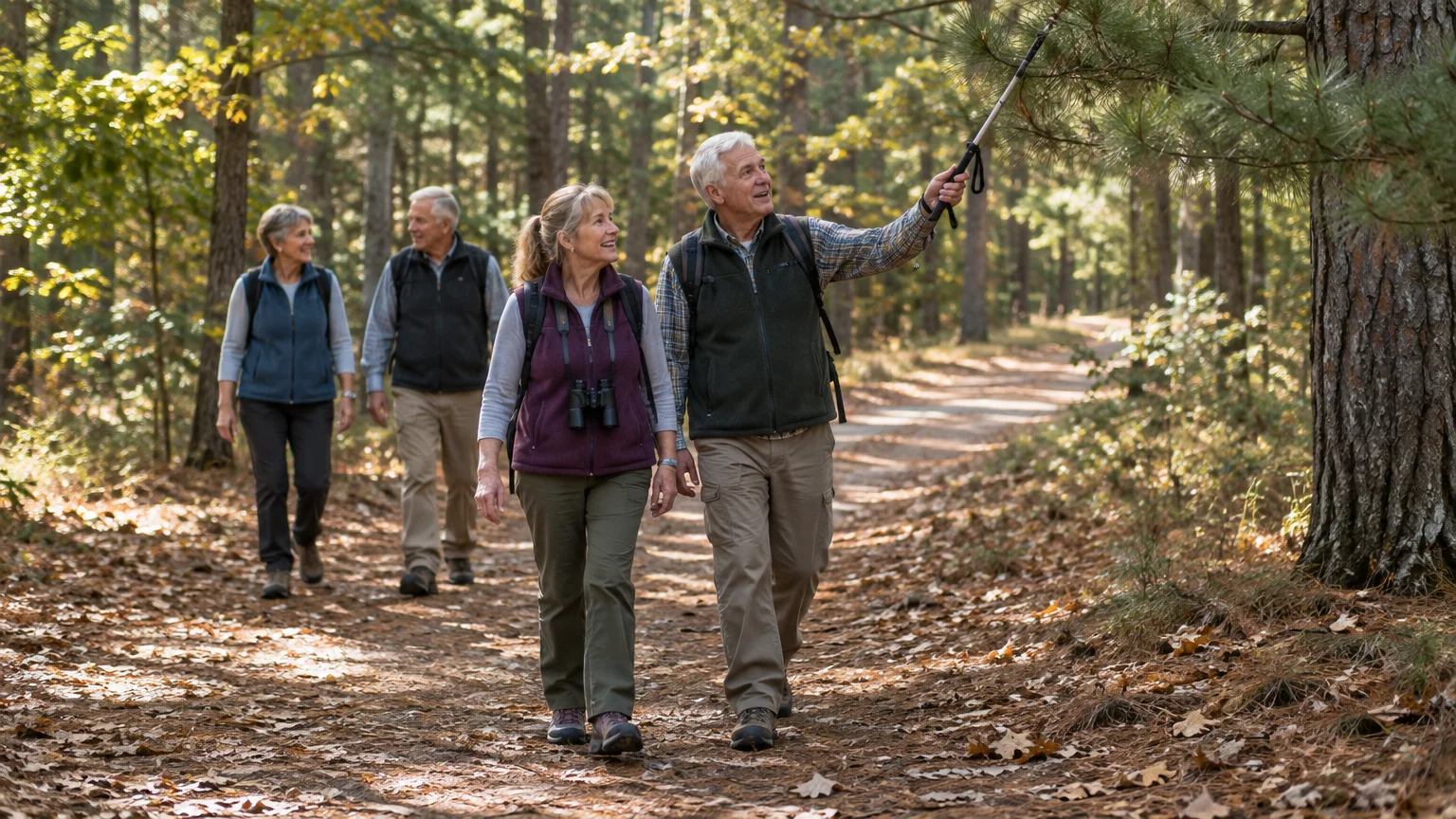 Four senior hikers walk along a leaf-covered forest trail while a man points upward with his trekking pole.