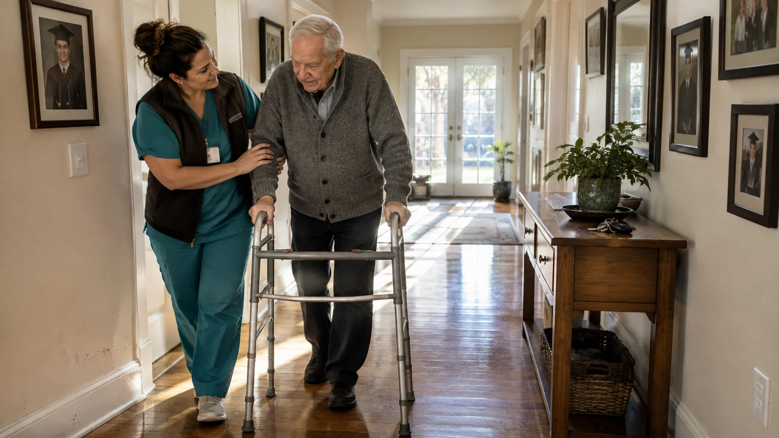 A caregiver assists an elderly man using a walker down a sunlit hallway lined with framed photos.