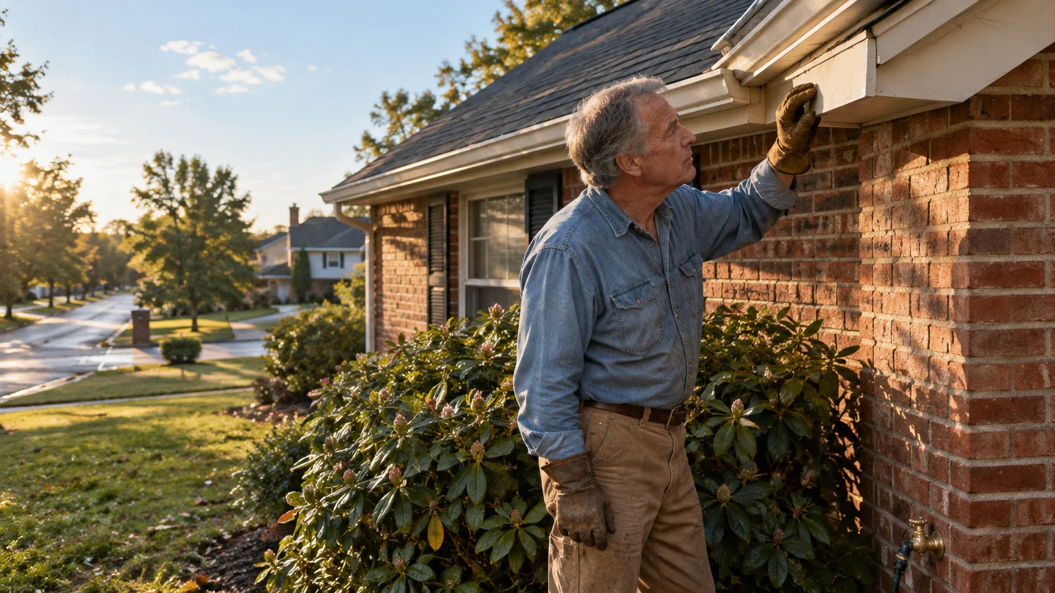 Man wearing work gloves inspecting the eaves and gutter of a brick suburban home in the sunlight.