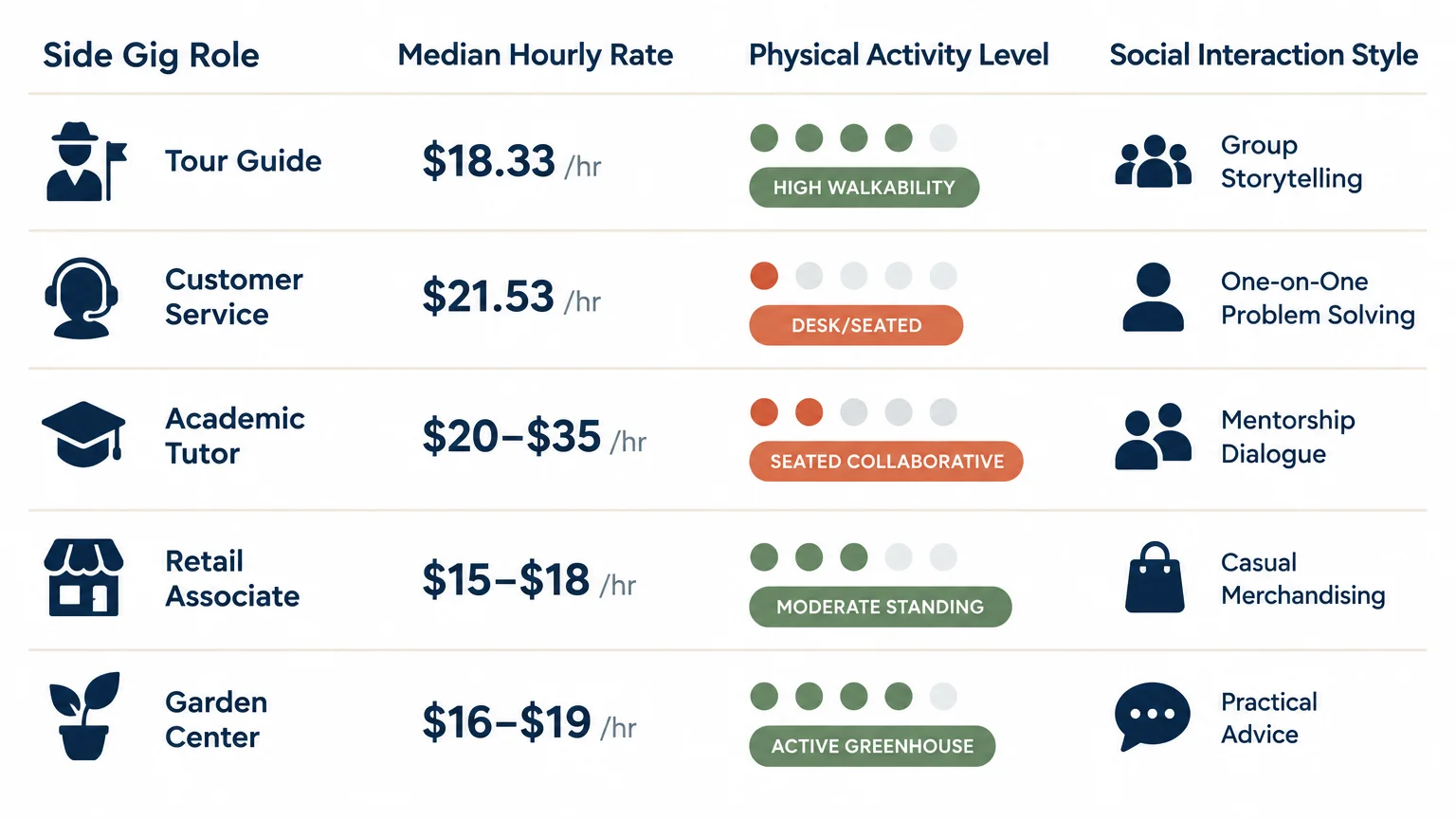 Chart listing five side gig roles with median hourly rates, physical activity ratings, and social interaction styles.