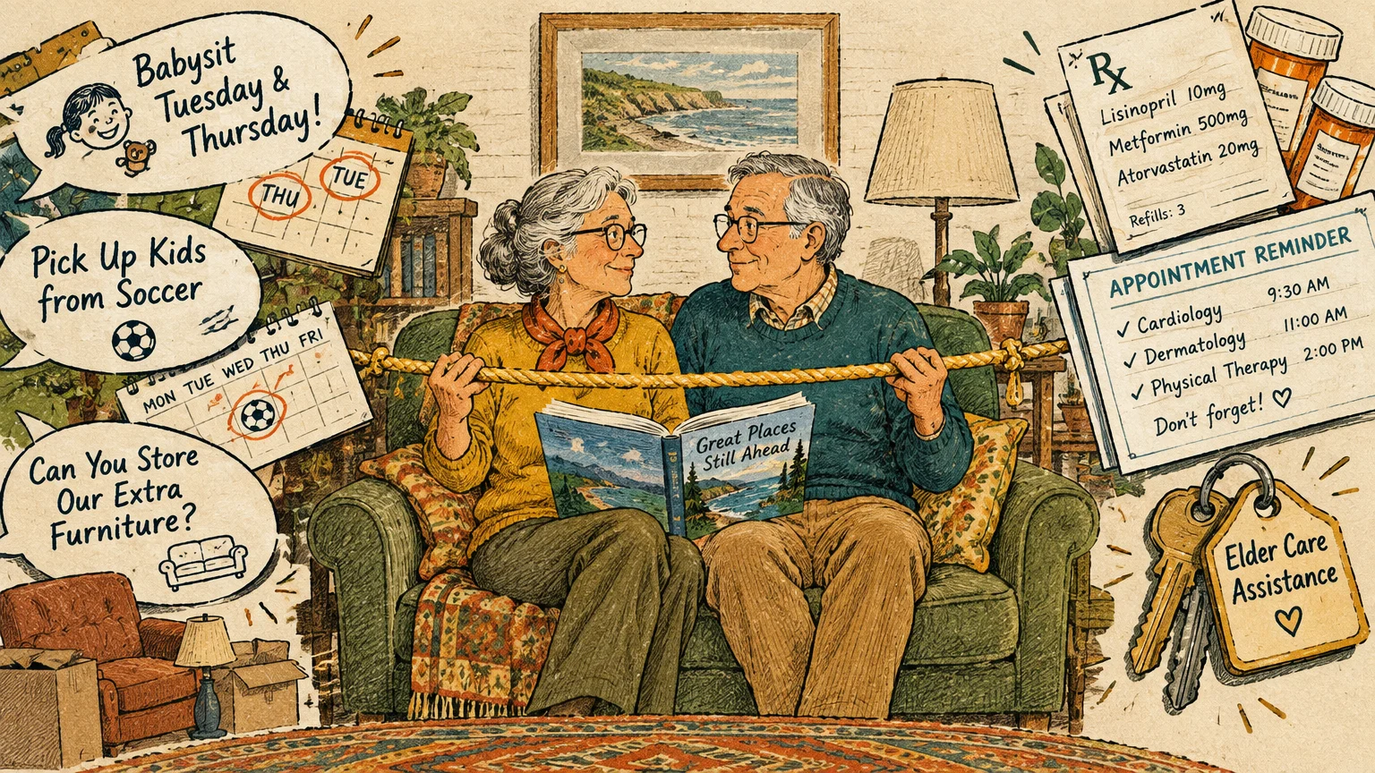 Illustration of an older couple on a couch holding a taut rope, surrounded by family notes, calendars, and medicine lists.