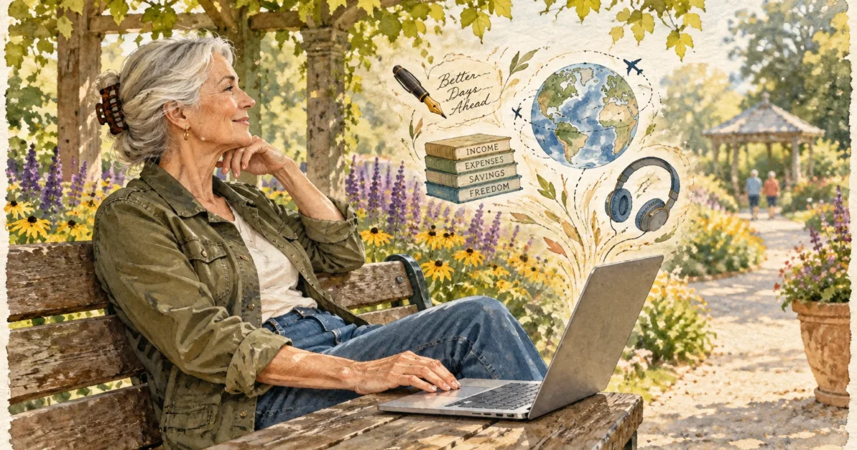 Illustration of an older woman on a garden bench with a laptop, beside drawings of a globe, books, and headphones.