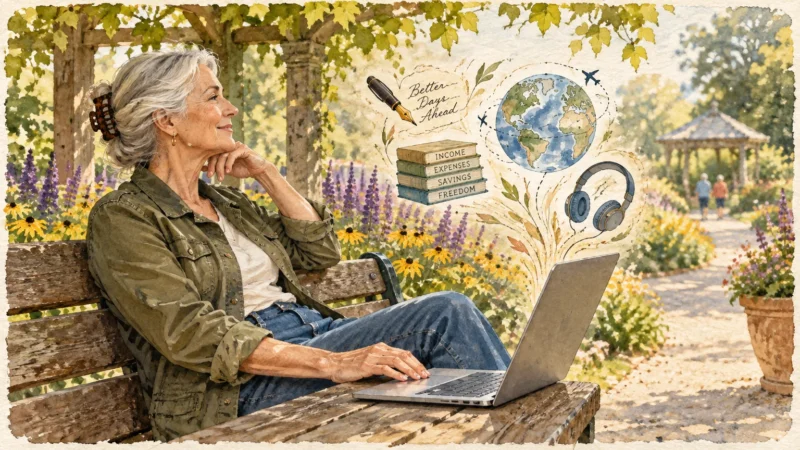 Illustration of an older woman on a garden bench with a laptop, beside drawings of a globe, books, and headphones.
