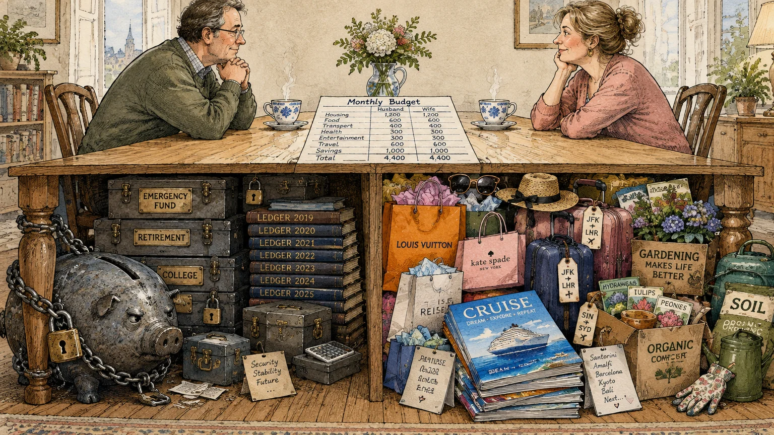 Illustration of a couple at a table, with lockboxes hidden beneath the man and shopping bags beneath the woman.