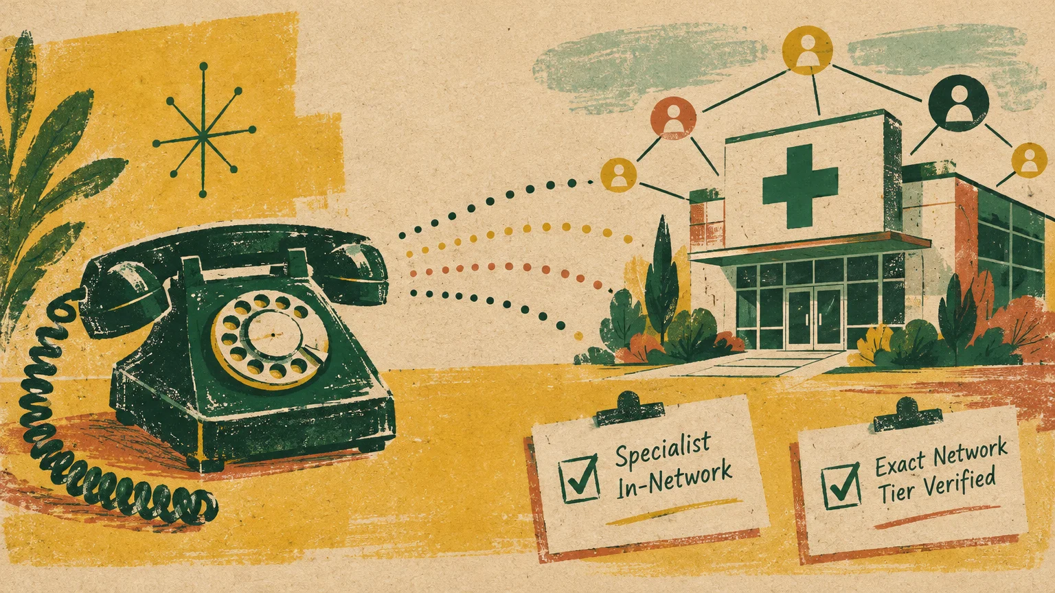 Retro illustration of a rotary phone connected by dotted lines to a hospital building beside checked verification notes.