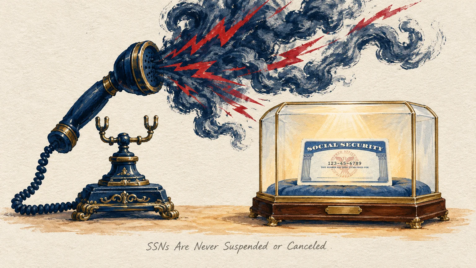 Illustration of a phone handset blasting smoke and lightning toward a Social Security card in a glass display case.