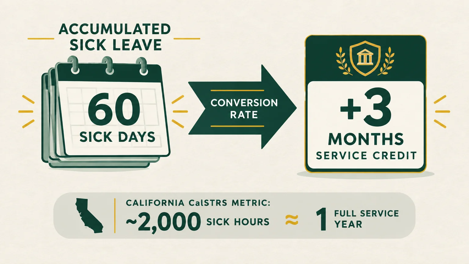 Diagram showing 60 sick days converting into 3 months of service credit, alongside California CalSTRS metrics.