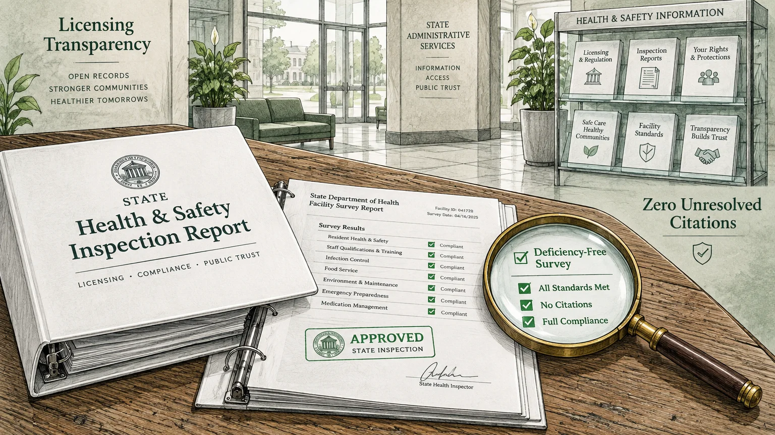 Binder of state inspection reports with a magnifying glass showing full compliance on a lobby desk.