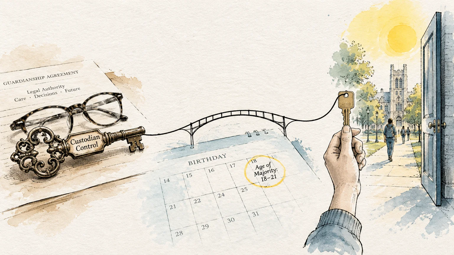Illustration of a bridge connecting an ornate key labeled Custodian Control to a hand holding a key before a college campus.