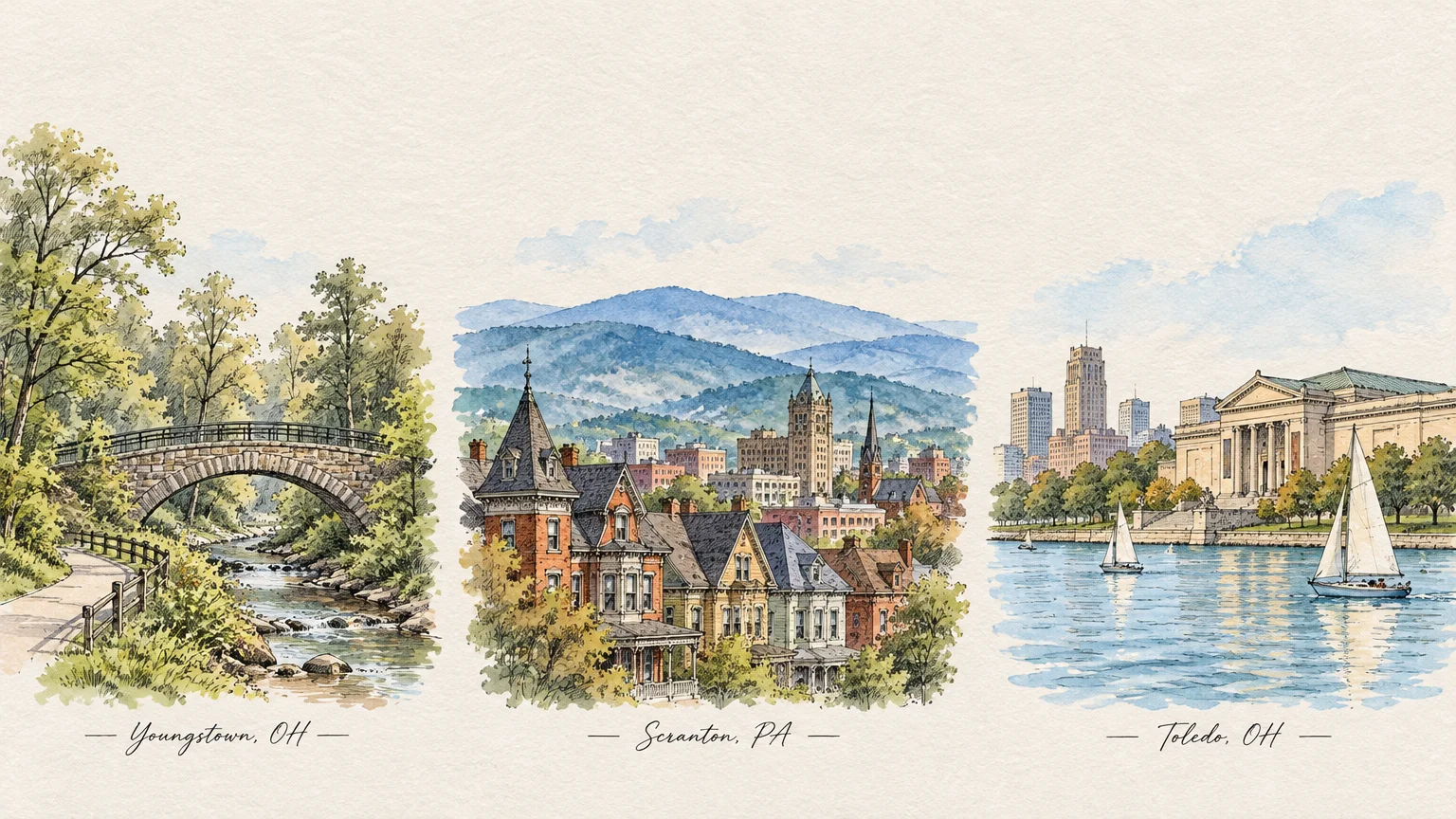 Three watercolor illustrations depicting Youngstown, Ohio, Scranton, Pennsylvania, and Toledo, Ohio with a waterfront.