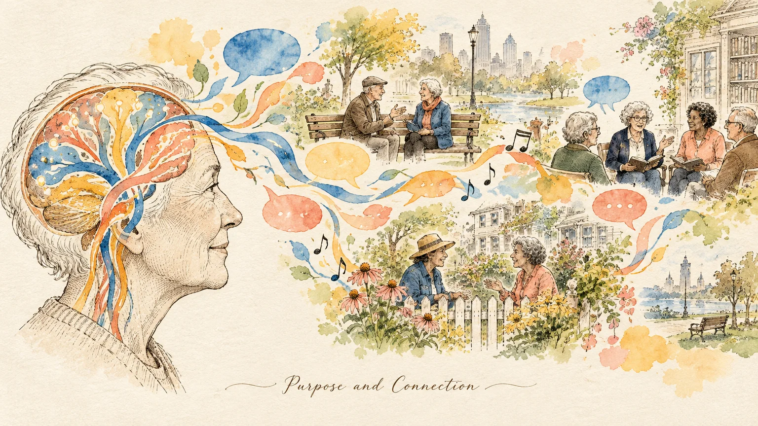 Watercolor illustration of a senior woman's head with colorful neural pathways flowing into scenes of social gatherings.