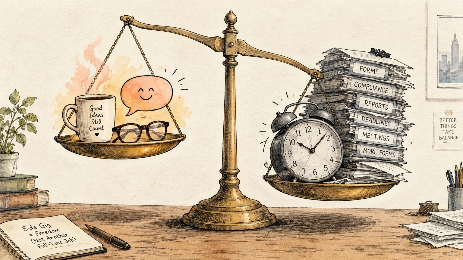 Illustration of a balance scale with a coffee cup and glasses outweighed by an alarm clock and stack of paperwork.