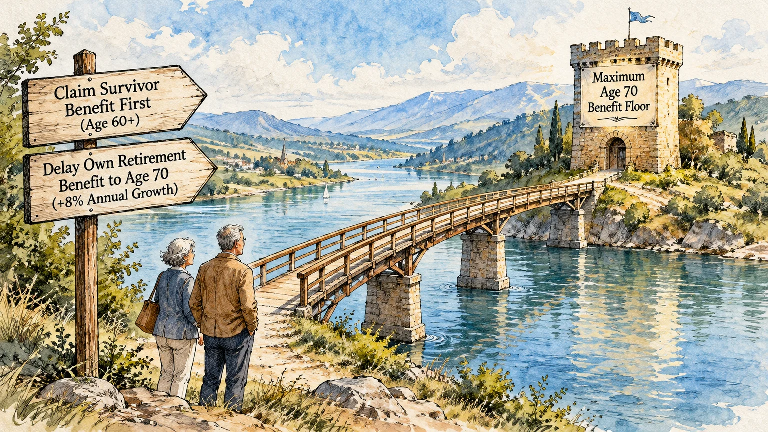 Watercolor illustration of an older couple looking at signposts beside a wooden bridge leading to a stone tower across a river.