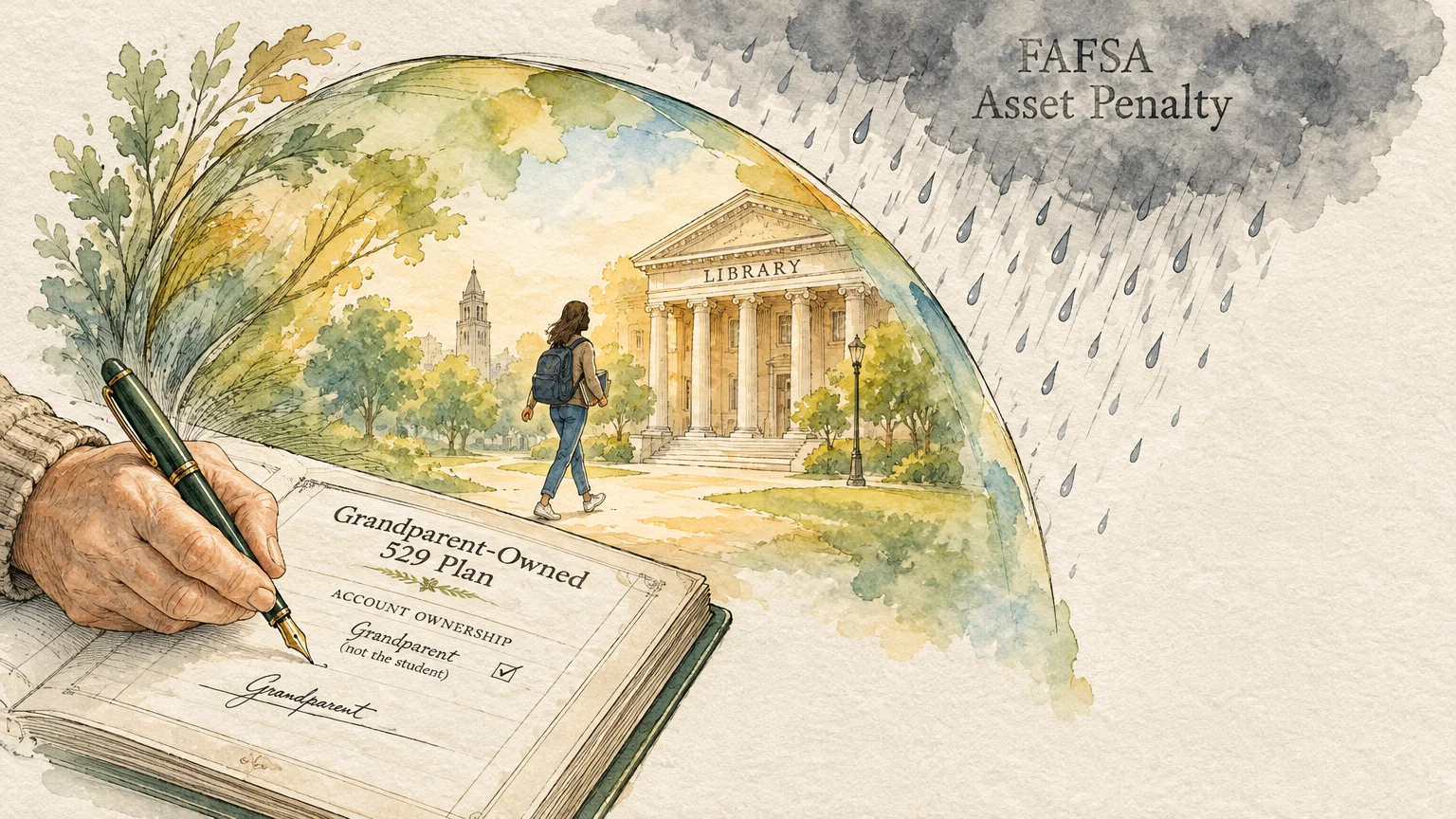 Hand signing a 529 plan beside a sunny campus dome shielded from rain labeled FAFSA Asset Penalty.