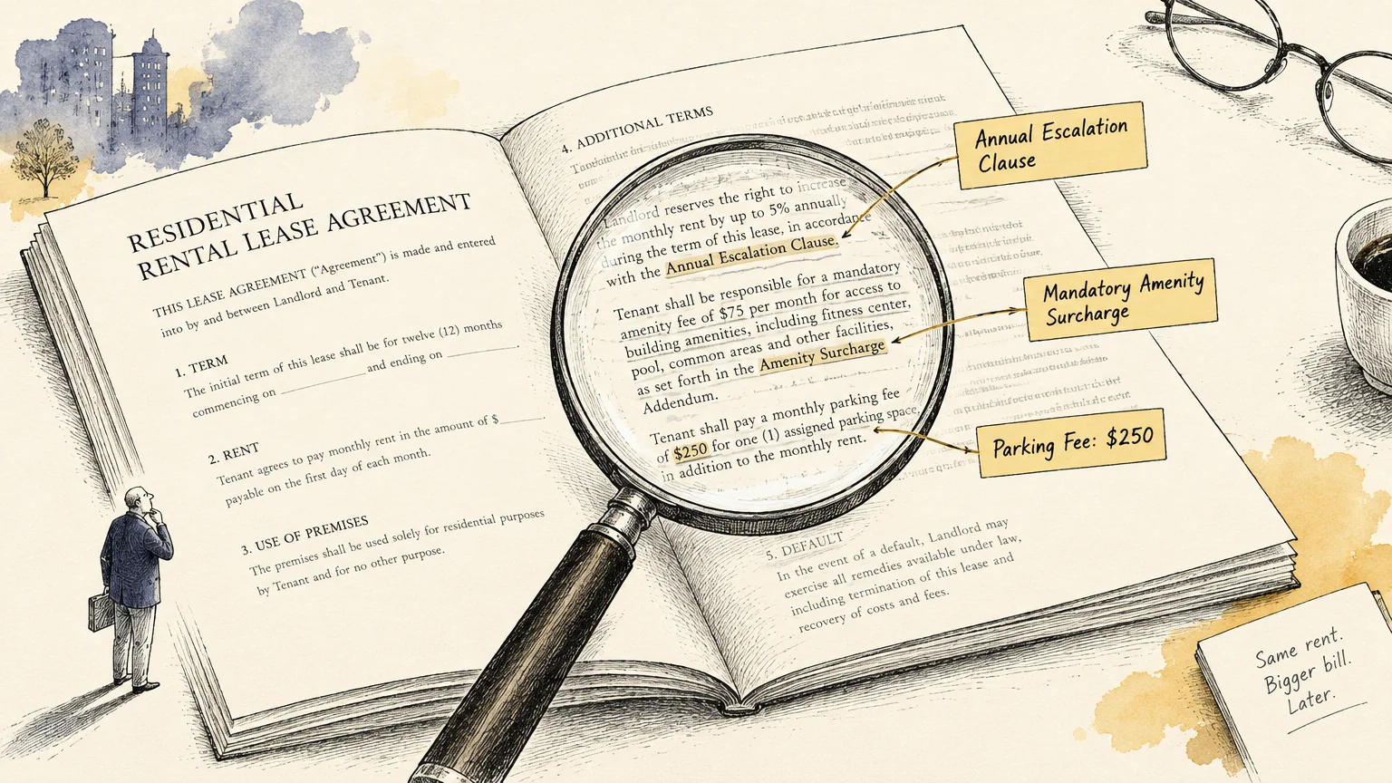 Illustration of a magnifying glass highlighting clauses for rent escalation, amenity surcharges, and parking fees in a lease.