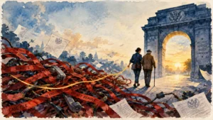 Illustration of a woman guiding a senior citizen away from tangled red tape toward a sunlit stone archway.