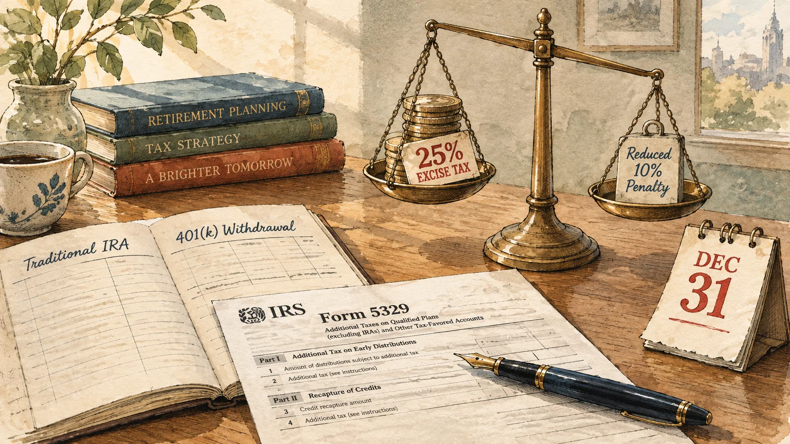 Illustration of IRS Form 5329 on a desk beside balance scales weighing a 25% excise tax against a reduced 10% penalty.