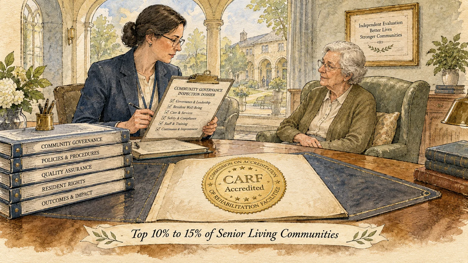 Illustration of an examiner reviewing documents across a desk from a senior woman beside a CARF seal.