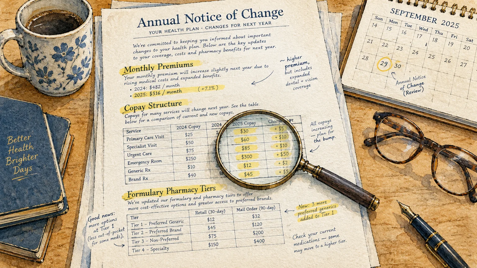 Illustration of an Annual Notice of Change document reviewed with a magnifying glass beside a calendar, glasses, and coffee.